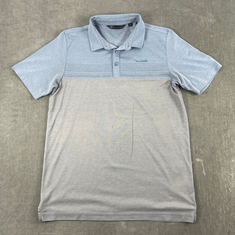 TravisMathew Mens M Blue Grey Polo Shirt Color Block Stripe Short Sleeve